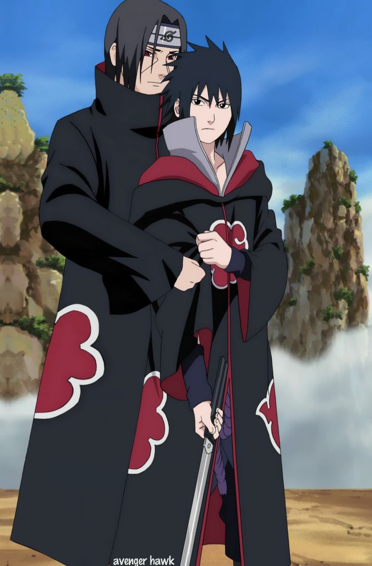 two anime characters are hugging each other in front of some rocks and trees, one is wearing a long black coat