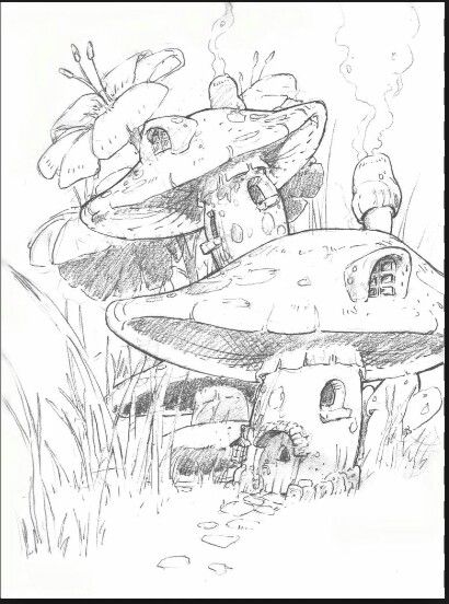 a drawing of three mushrooms in the woods