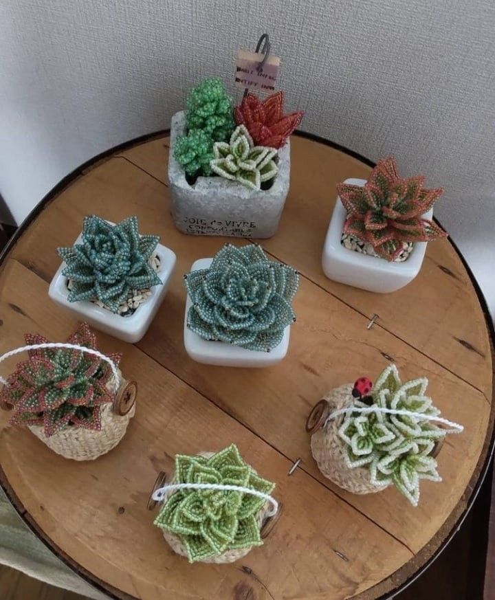 small crocheted pots with succulents on top of a wooden table