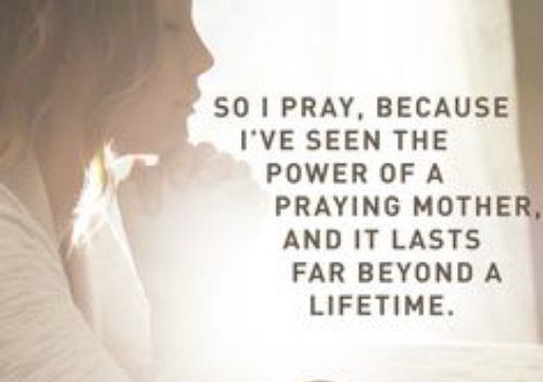 a woman sitting in front of a window with her hand on her chin and the words, so i pray, because i've seen the power of a praying mother and it lasts far beyond a lifetime