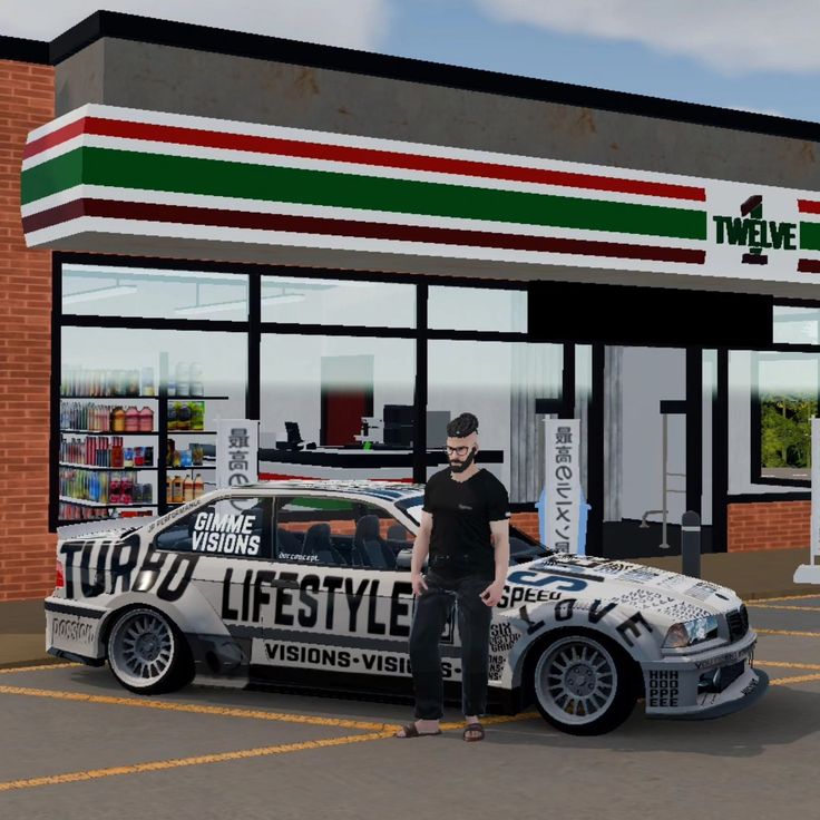 a man standing next to a car in front of a store