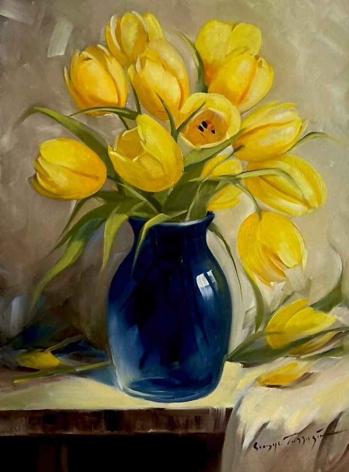 a painting of yellow tulips in a blue vase