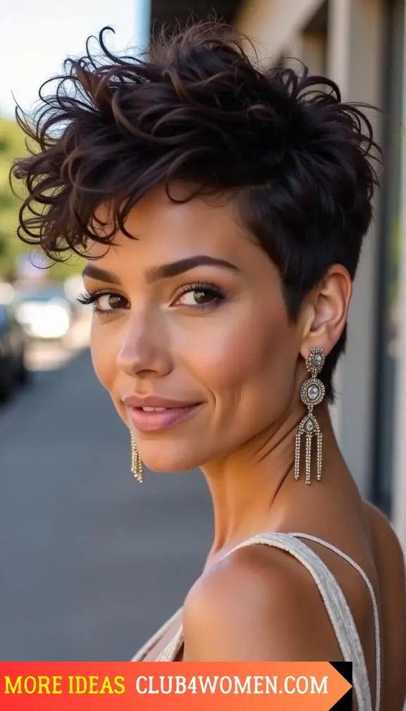 23 Bold Curly Pixie Haircuts for Women of All Ages – 2024 Hair Trends Curly Pixie With Shaved Sides, Short Edgy Curly Haircuts, Curly Wedge Haircut Stacked, 2024 Pixie Hair Trends, Undercut Curly Hair Woman, Curly Pixie Hairstyles Over 50, Pixie Hairstyles Curly Hair, Long Curly Pixie Haircut, Short Hair For Curly Hair