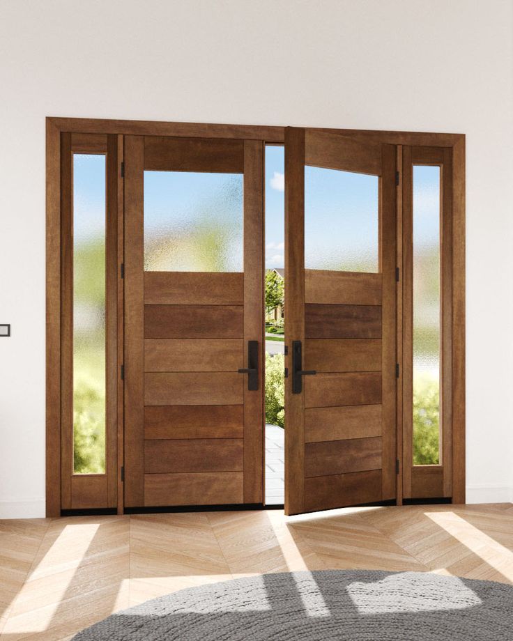 an open wooden door with two sidelights on the front and side doors to both sides