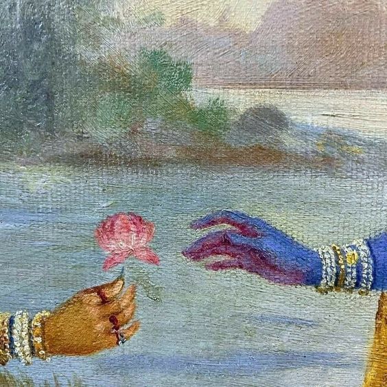 a painting of two hands reaching out to each other, one holding a flower in the other's hand