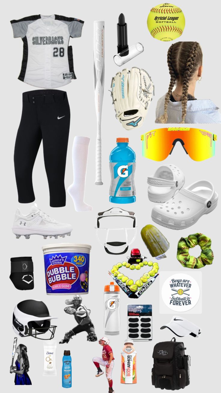 a collage of various sports items including baseball gloves, sunglasses and other things to wear