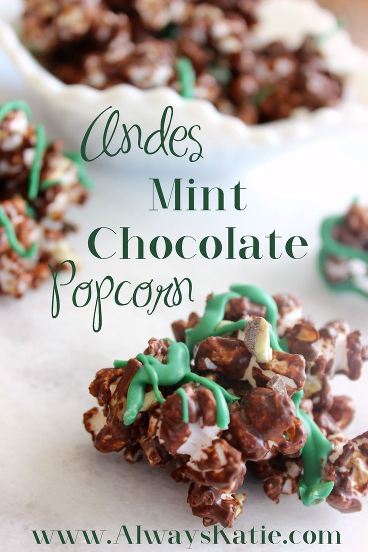 chocolate mint popcorns with green sprinkles and white frosting on top