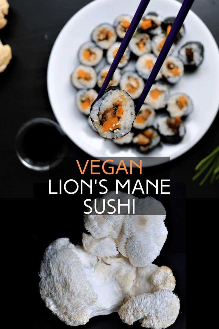 vegan lion's mane sushi on a plate with chopsticks next to it