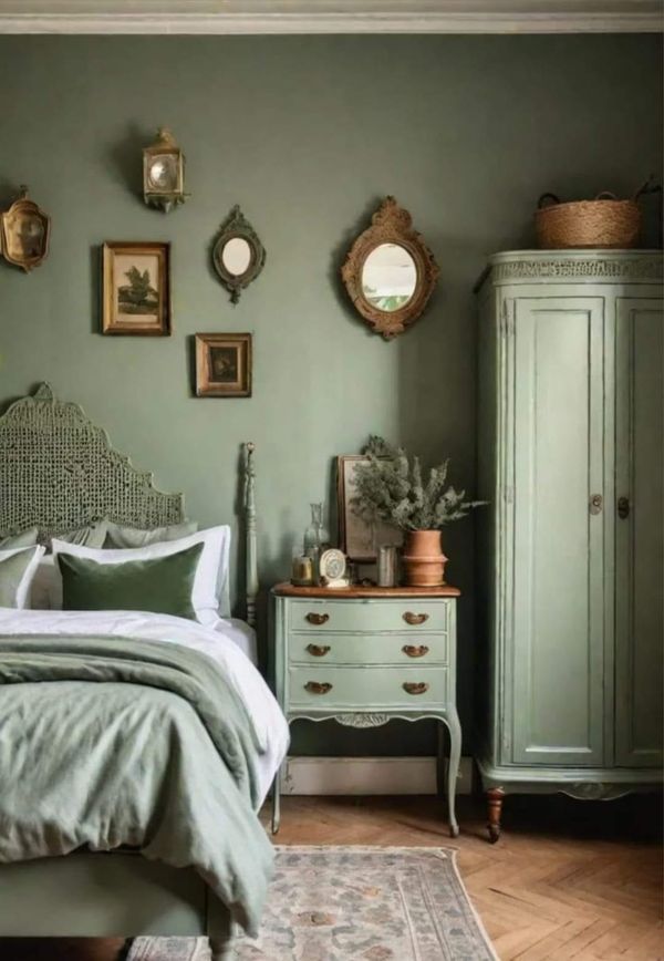 a bedroom with green walls and pictures on the wall above the bed, along with an antique dresser