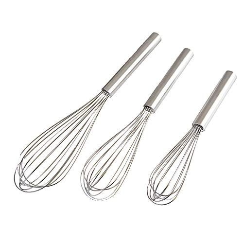 three metal whisk attachments on a white background with clipping for text