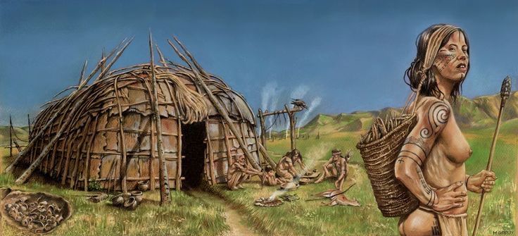 an artist's depiction of a native american woman in front of her hut