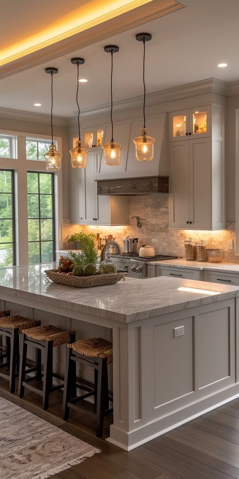 a large kitchen with lots of counter space and lights hanging from the ceiling over the island