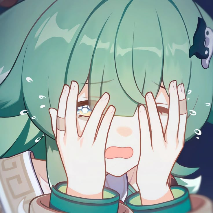 an anime character covering her face with both hands