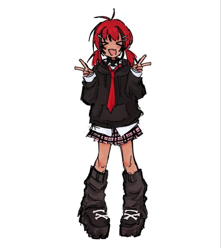 a drawing of a girl with red hair and black clothes holding her hands up in the air