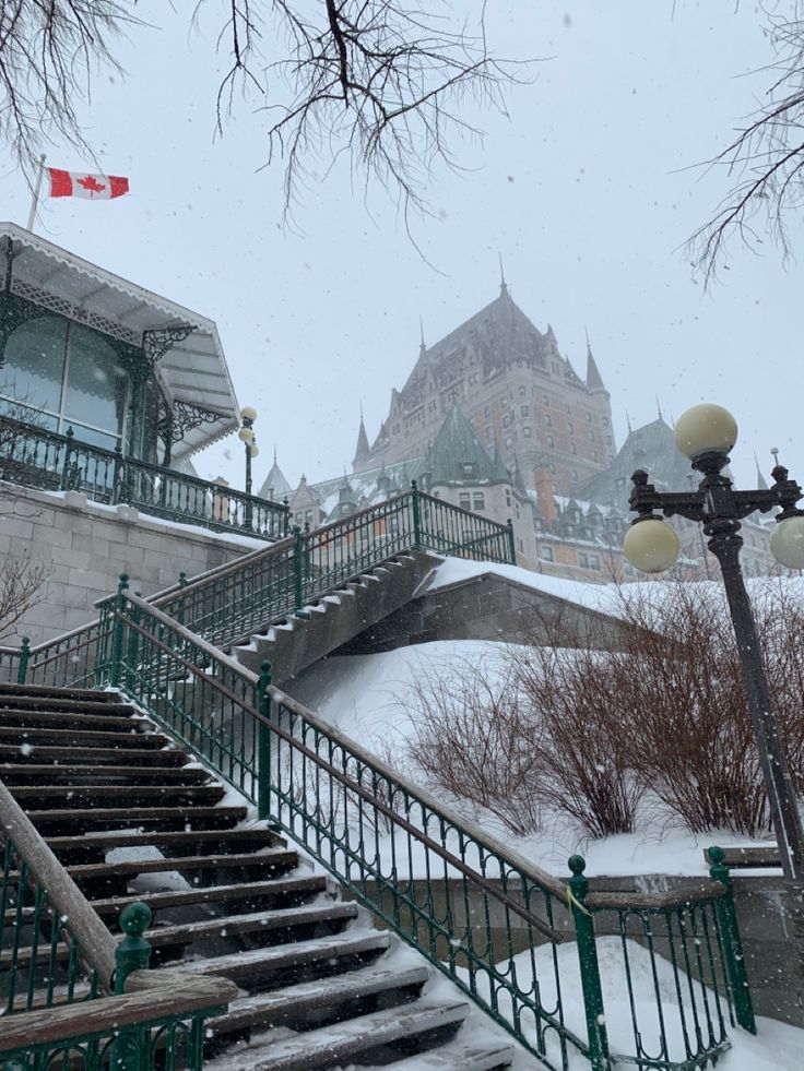 the stairs are covered in snow and there is a canadian flag flying above them on a snowy day