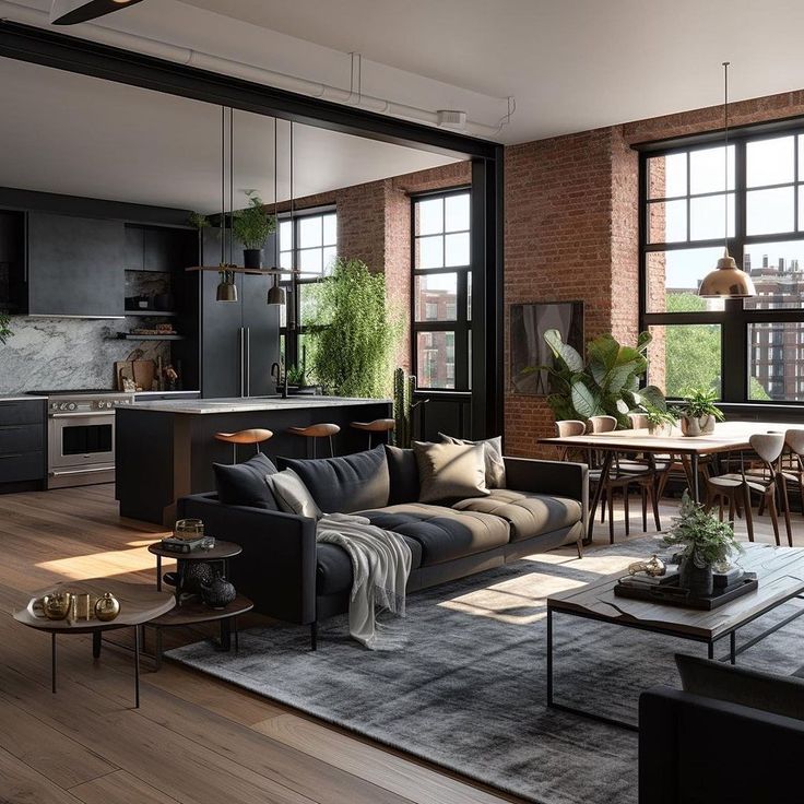 a living room filled with furniture and lots of windows next to a dining table on top of a hard wood floor