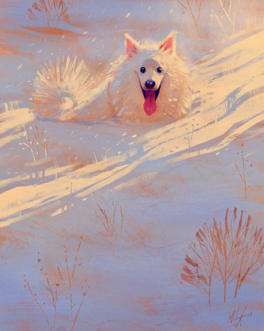 a painting of a white dog laying in the snow with his tongue out and it's mouth open