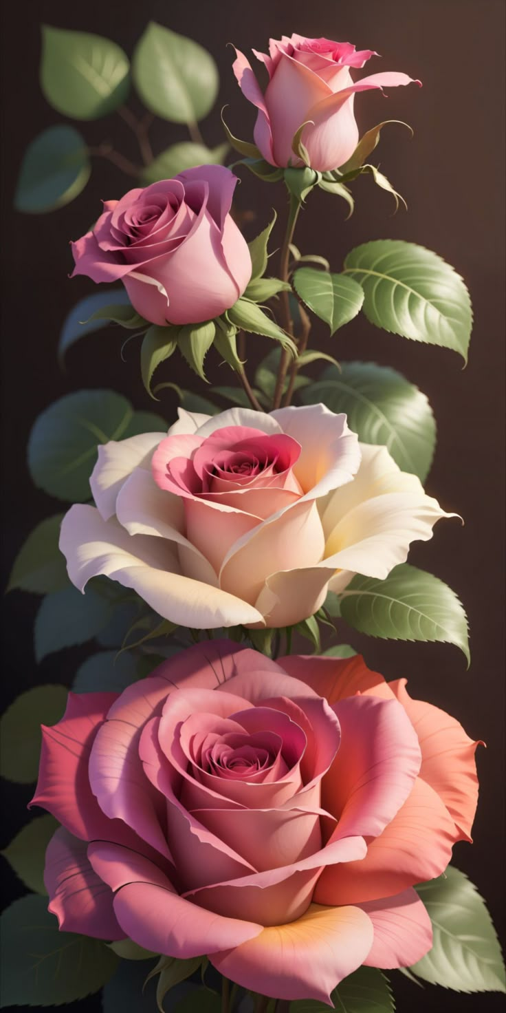 three pink roses with green leaves in front of a black background and the same color