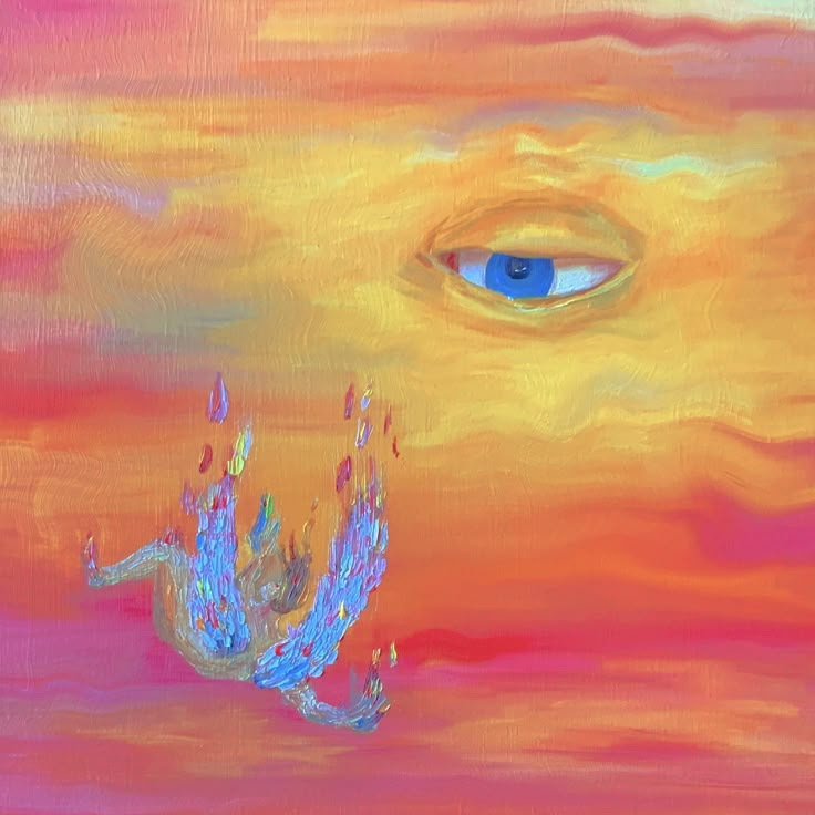 an abstract painting with blue eyes and orange clouds in the background, as if they were flying