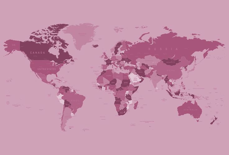 a map of the world with pink colors and countries on it's sides, all in different sizes