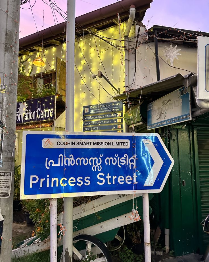 a blue street sign sitting on the side of a road next to a tall building