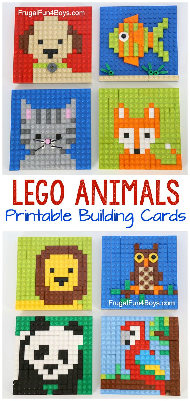 lego animals printable building cards with text overlay that reads lego animals printable building cards