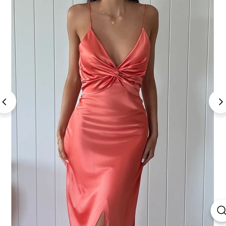 Unworn!! Perfect Satin Dress For The Summer Time! Coral Satin Dress, Dark Pink Satin Dress, Orange Satin Dress, Pink Dress Outfits, Women Maxi Dresses Summer, Coral Pink Color, V Neck Maxi Dress, Pink Satin Dress, Coral Dress