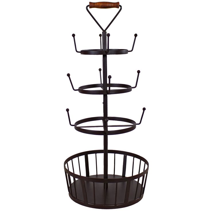 three tiered metal basket with wooden handle