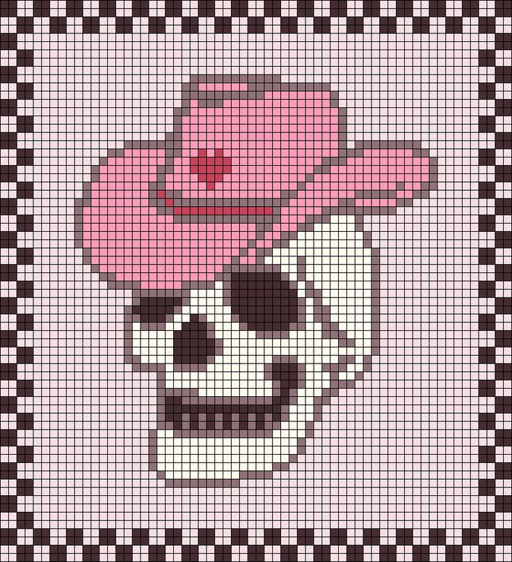 a cross stitch skull wearing a pink hat