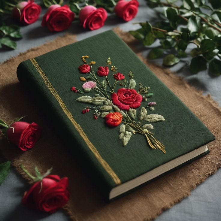 a green book with red flowers on top of it next to greenery and roses