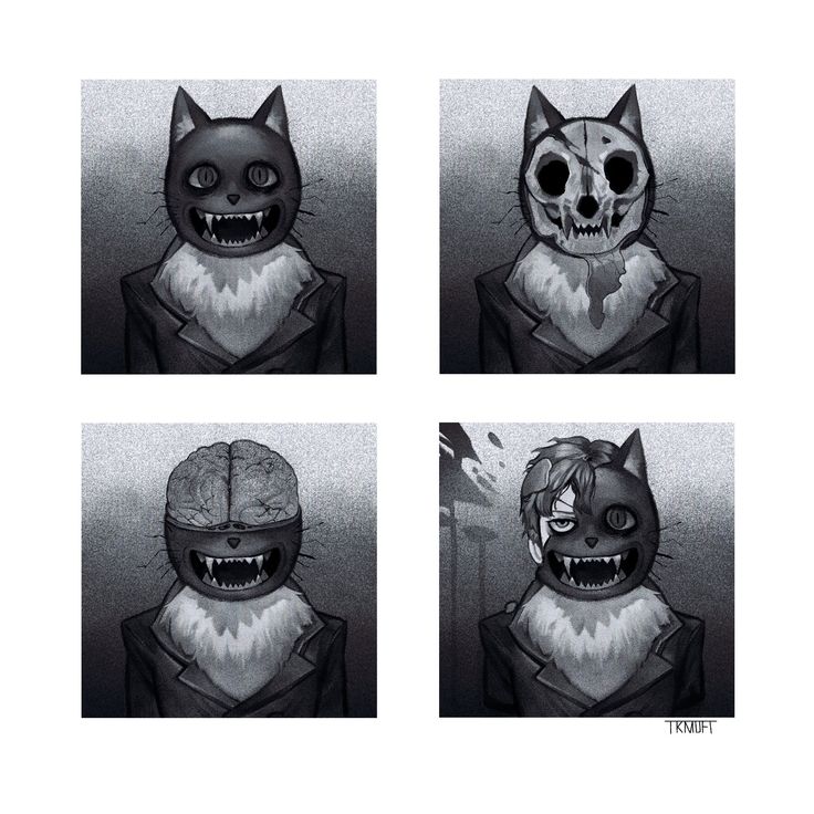 four different pictures of a cat with teeth and fangs on it's face, one in