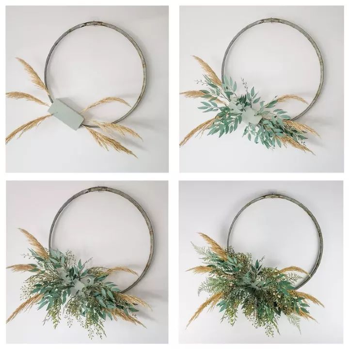 four different images of the same metal ring with plants in it and one is hanging on the wall