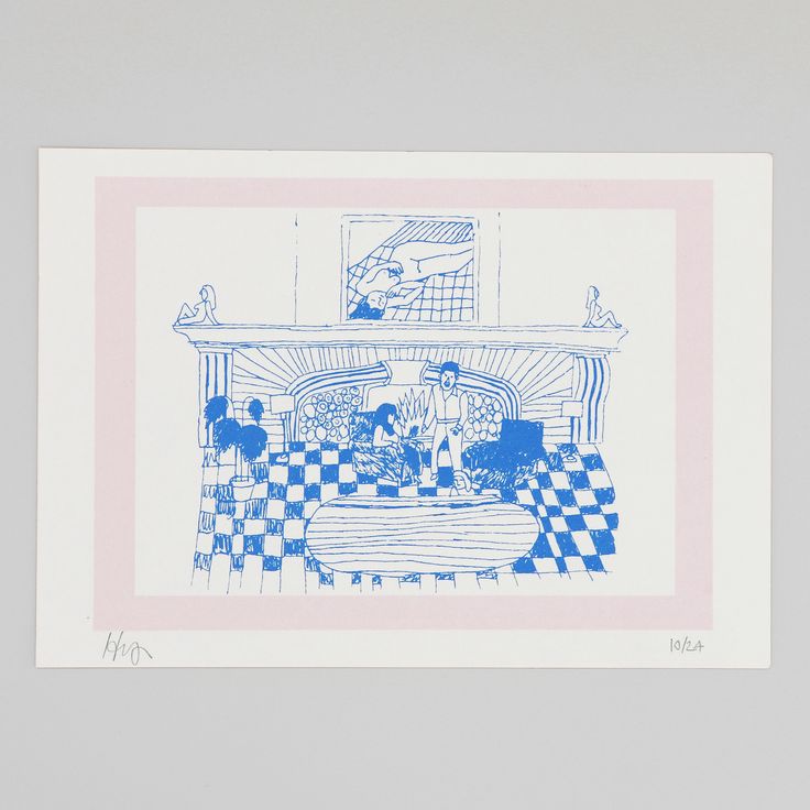 a blue and white drawing of people sitting in front of a fire place on a checkered floor