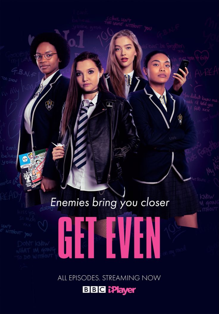 the poster for get even shows three girls in school uniforms, one holding a cell phone