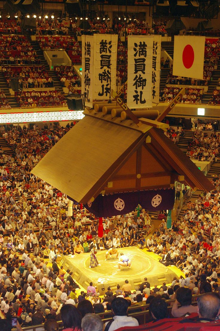 an aerial view of a sumo ring with people in the stands and onlookers