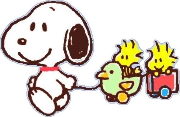 a drawing of a snoopy dog and duck on a toy train