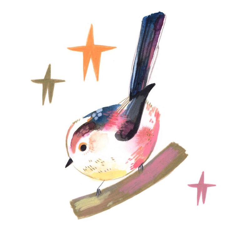 a watercolor painting of a bird on a branch with three stars in the background