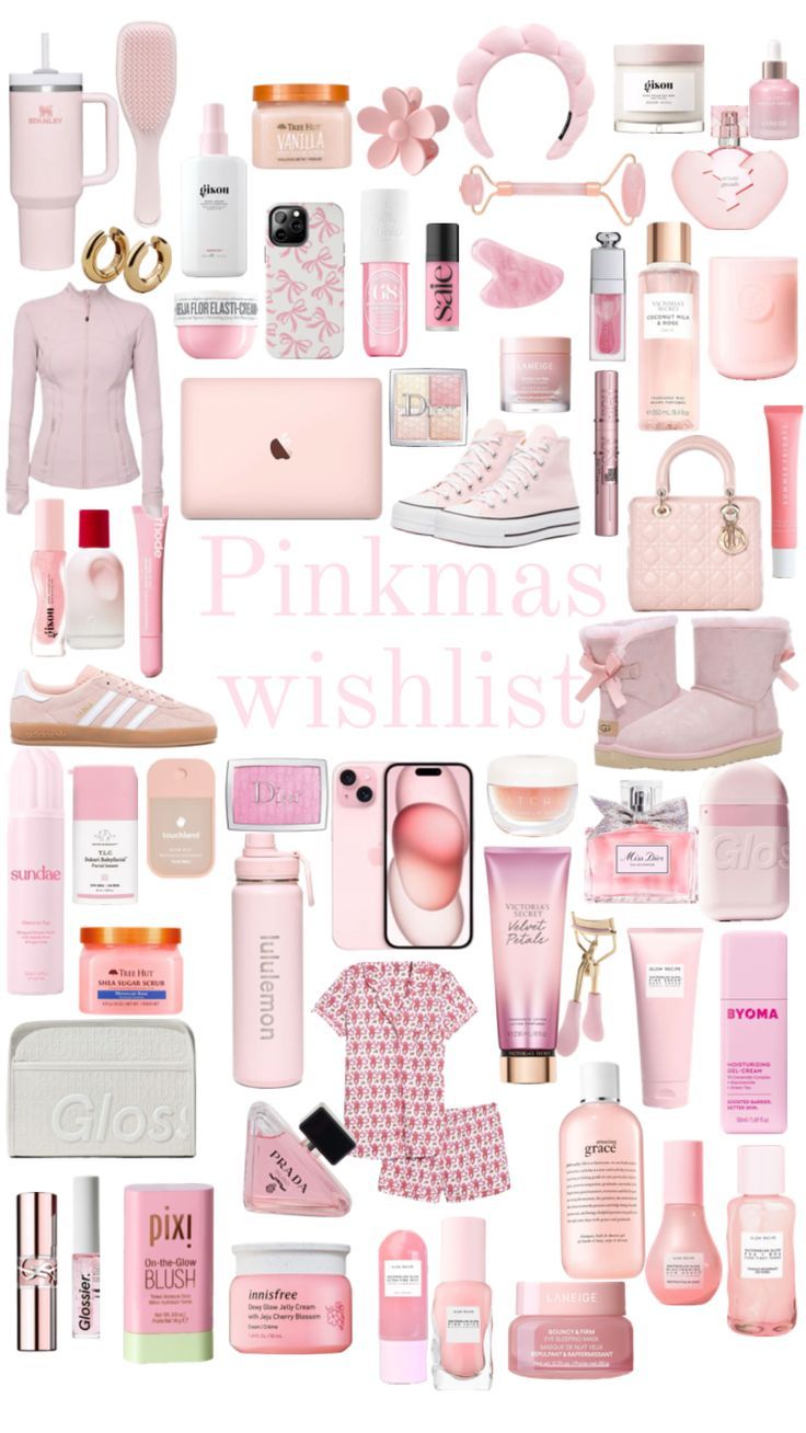 pink christmas wishlist with lots of products and items in the shape of a heart