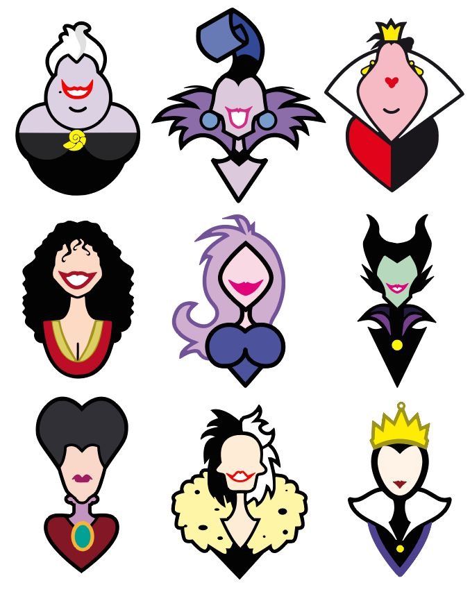 various cartoon characters are shown in different colors and sizes, including one with an evil face