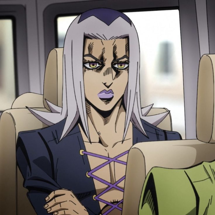 an anime character sitting on a bus with her hands crossed and looking off to the side