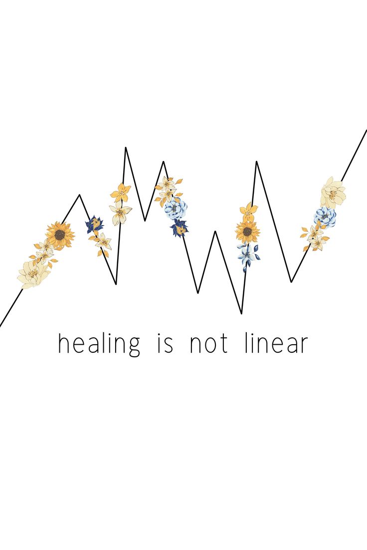 a line drawing with flowers and the words, healing is not linearar on it