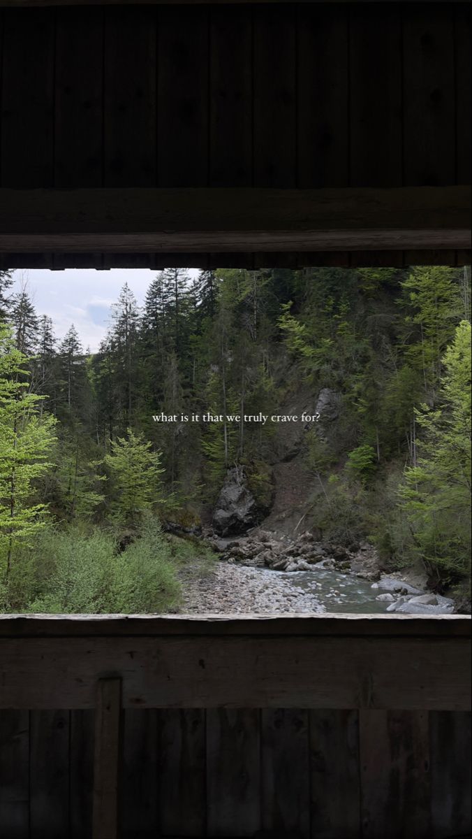 there is a view out the window of a cabin with trees in the background and a river running through it