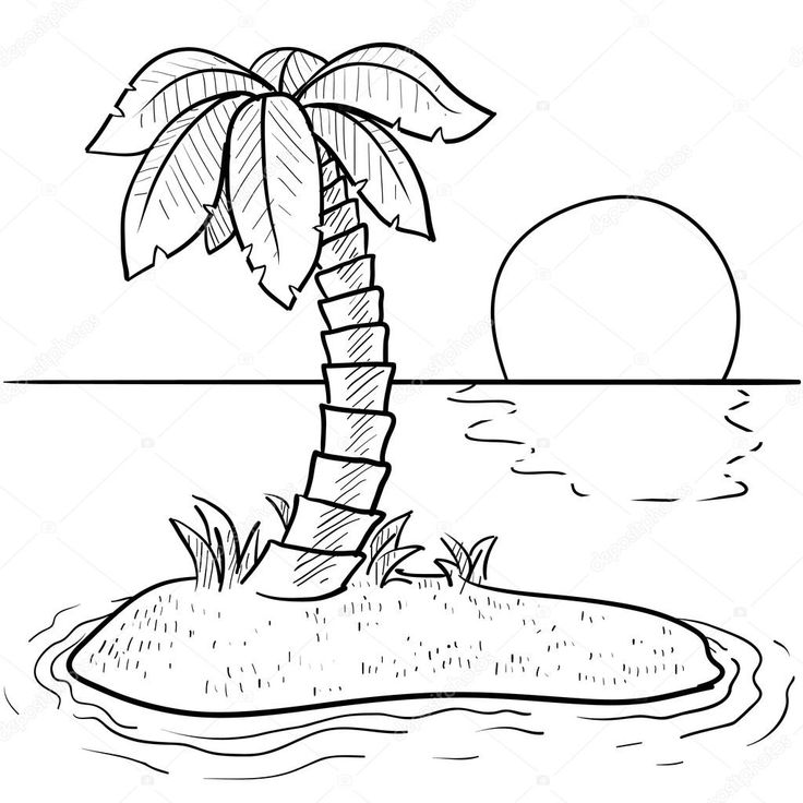 a palm tree on an island with the sun in the background sketched by hand