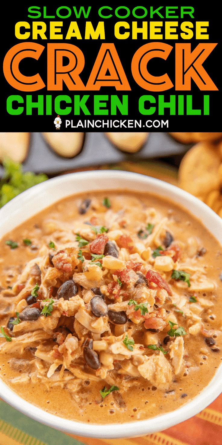 Slow Cooker Cream Cheese Crack Chicken Chili - this stuff is AMAZING! We've made it 3 times this month! We can't get enough of it!!! Chicken, corn, black beans, chicken broth, diced tomatoes and green chiles, cumin, chili powder, onion, ranch seasoning, bacon and cheddar cheese. We served the chili with some cornbread and Fritos. PERFECT! This is already on the menu again this weekend! YUM! #crockpot #slowcooker #chicken #chili Slow Cooker Chicken Chili, Chicken Corn, Green Chiles, Crockpot Dishes, Crock Pot Soup, Ranch Seasoning, Crockpot Recipes Slow Cooker, Crock Pot Cooking, Chicken Chili