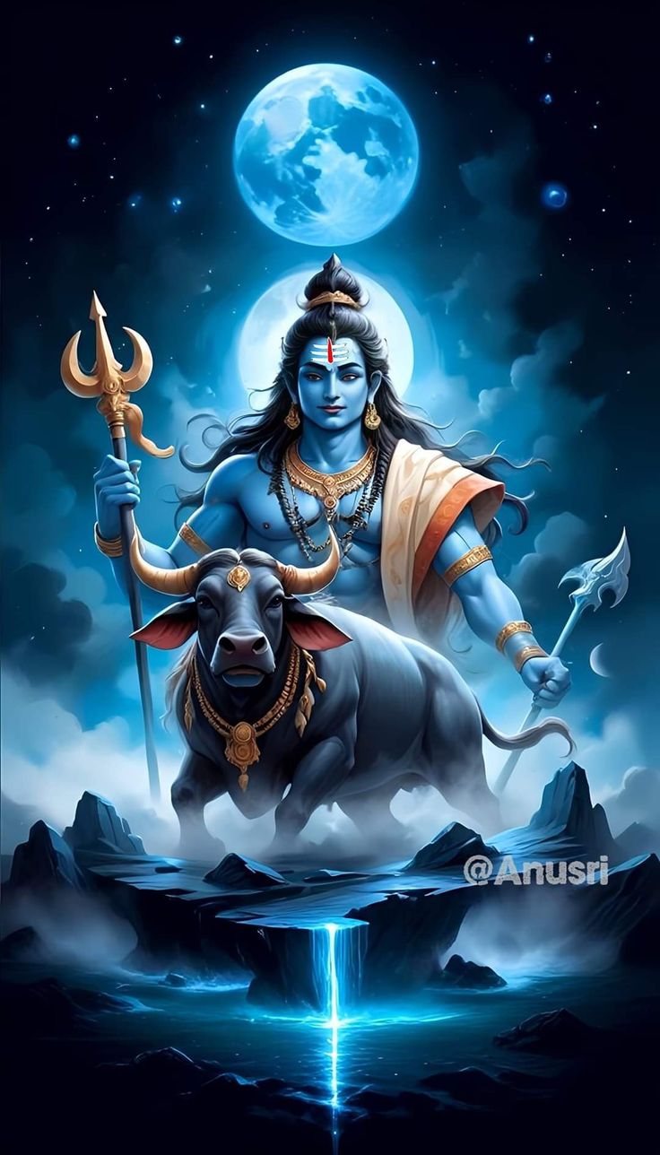 the hindu god sitting on top of a bull in front of a full moon sky