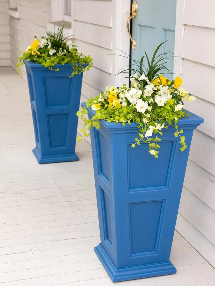 two blue planters with yellow and white flowers