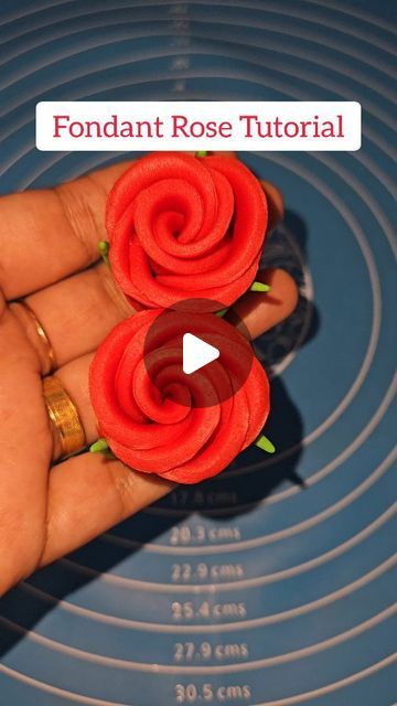 a hand holding two red flowers on top of a blue plate with the words fondant rose floral