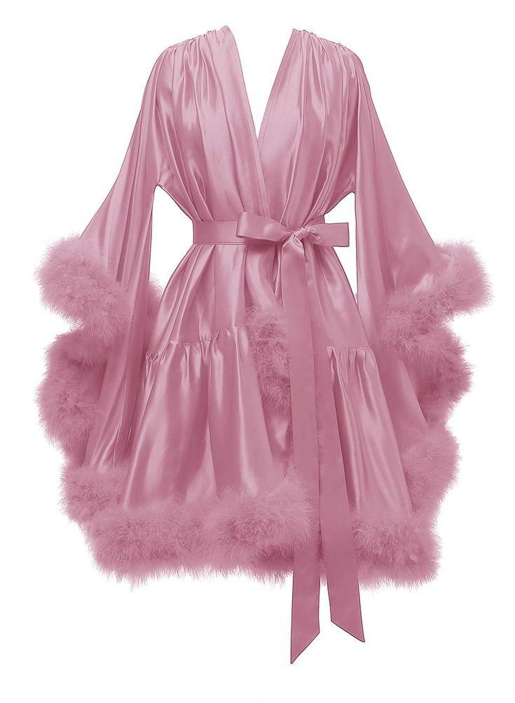 Silk Robe With Feathers, Feather Dressing Gown, Fluffy Silk Robe, Silk Pjamamas, Dressing Gowns Robe, Pink Silk Robe Aesthetic, Fancy Robes With Fur, Silk Dressing Gown Aesthetic, Victoria Secret Dressing Gown