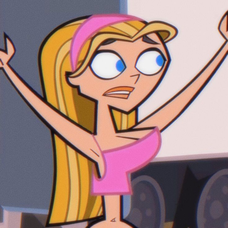 a cartoon girl with long blonde hair and blue eyes is standing in front of speakers