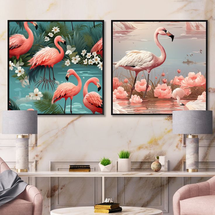 two flamingos are standing in the water with pink flowers